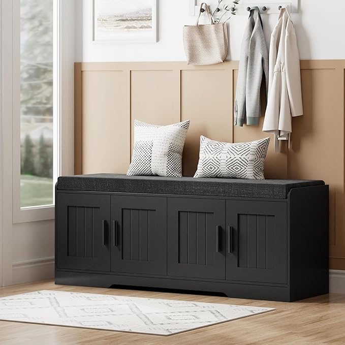 Homleke 2-Tier Storage Bench, Shoe Bench with Thickened Padded Seat Cushion, Entryway Bench with 4 Doors, Adjustable Shelf, 13.8" D x 45.3" W x 18.5" H, for Entryway, Living Room, Bedroom, Black by Homleke