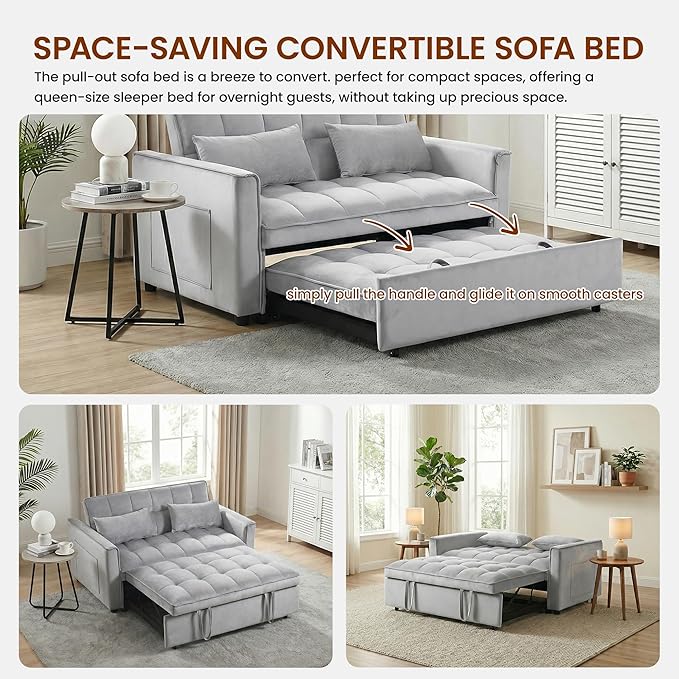 63" Sleeper Sofa with Pull-Out Bed, 3-in-1Folding Convertible Loveseat Sofa Bed with Side Pockets, Adjustable Backrest, Premium Velvet Fabric Futon Couches for Living Room