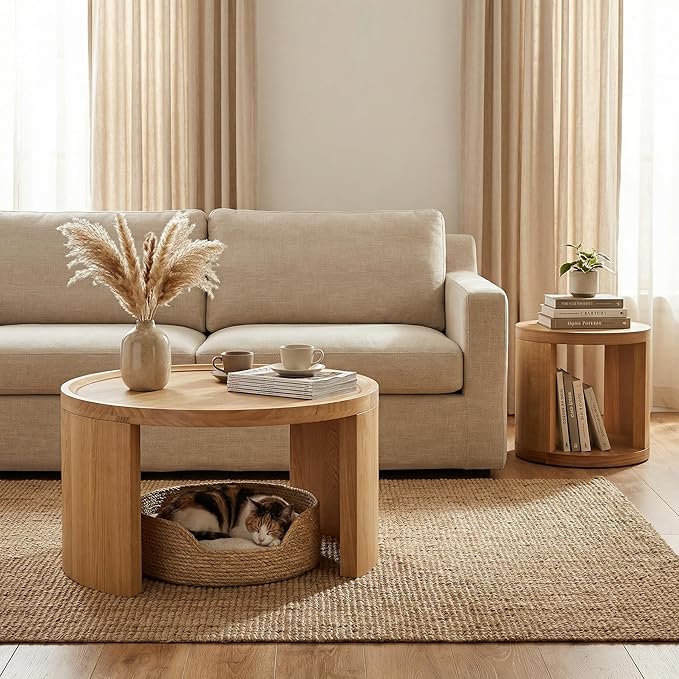 Round Nesting Coffee Table Set of 2, Brown Coffee Table, 31.5" Large & 18" Small Low Tables with Wood Top, Center Table for Living Room, Bedroom, Minimalist Center Table Set