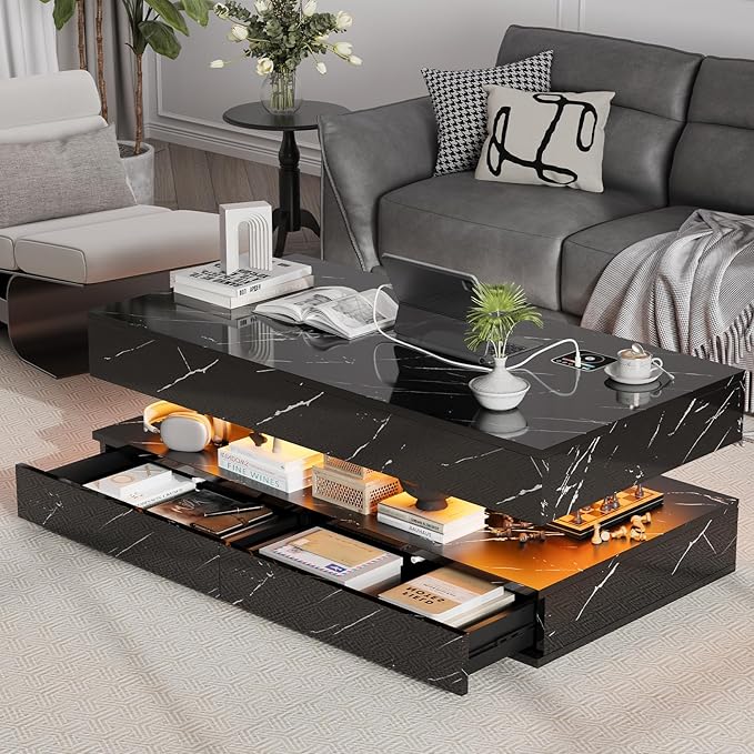 47" Modern LED Coffee Table with 2 Drawers, High Glossy Double-Layer Center Table with Wireless Charging and Built-in Bluetooth Speaker Smart Table for Living Room with Marbling