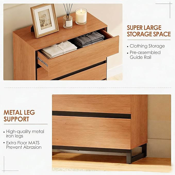 WAMPAT Nightstand with 3 Drawers for Bedroom, Modern Bedside Table with Black Square Metal Leg, Wood Rustic Side End Table, Mocha, 2 Pcs - Image 8