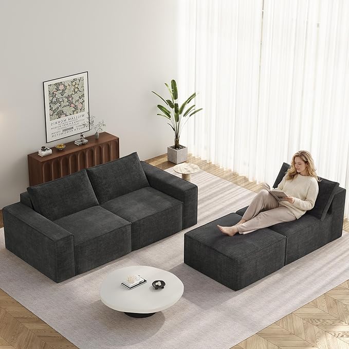 Vesgantti 114" Modular Boneless Couch, Modern 3 Seater Sectional Sofa with Ottoman & Deep Seat, Convertible Chenille L Shaped Cloud Couches for Living Room, No Assembly Required, Dark Grey