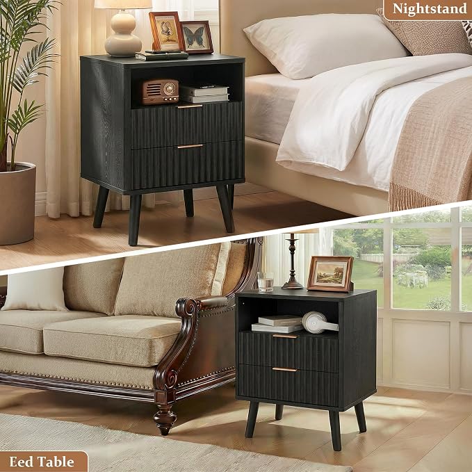 Night Stand Table with 2 Drawers, Nightstand Fluted Wood Bedroom Bed Side Table Living Room End Table with Open Storage Layer, Mid-Century Modern Black Nightstand Wooden Bedside Table, 1 Pc - Image 5