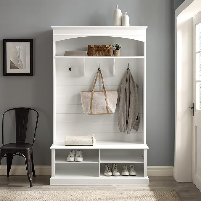 Crosley Furniture Bartlett Hall Tree with Shoe Rack Bench and Coat Hooks for Hanging, White - Image 7