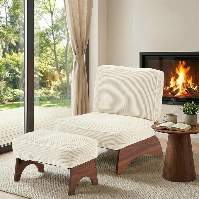 EROMMY Accent Chair with Ottoman, Modern Corduroy Living Room Chair with Adjustable Backrest & Footrest Set, Comfy Reading Chair for Living Room Bedroom Reading Room Guestroom, Cream