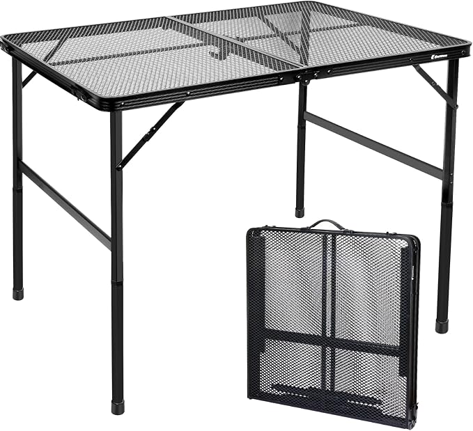 4 ft Folding Table with Metal Mesh Desktop, Grill Table Camping Table with Carry Handle,Adjustable Height (16.5" & 26"), Outdoor Table for Camp, Cooking, BBQ, RV, Picnic,Fits 4–8 People,Black by EEASTSTORM