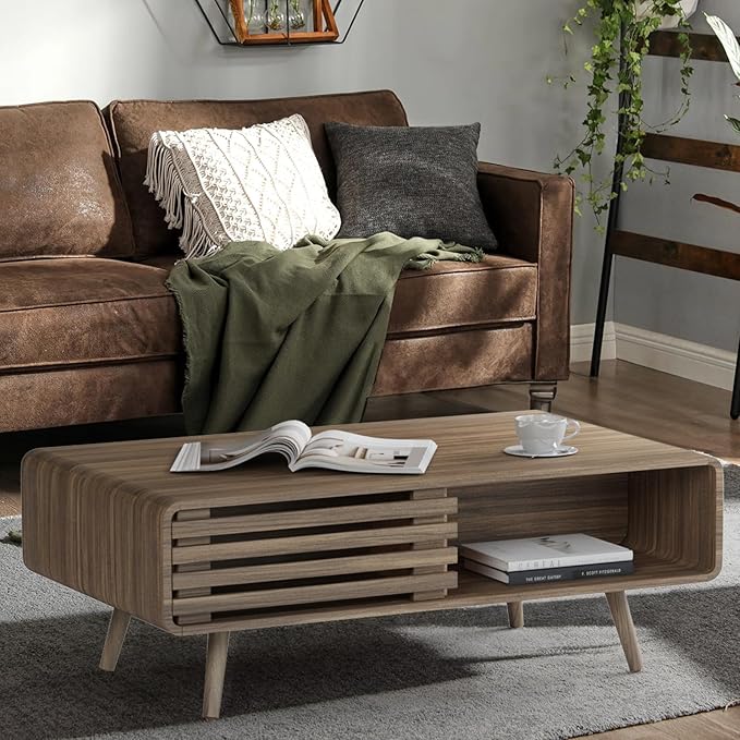 Easyego Coffee Table with Storage, Farmhouse Wood Tables for Living Room, Easy Assembly, Suitable for Various Home Styles (Brown)