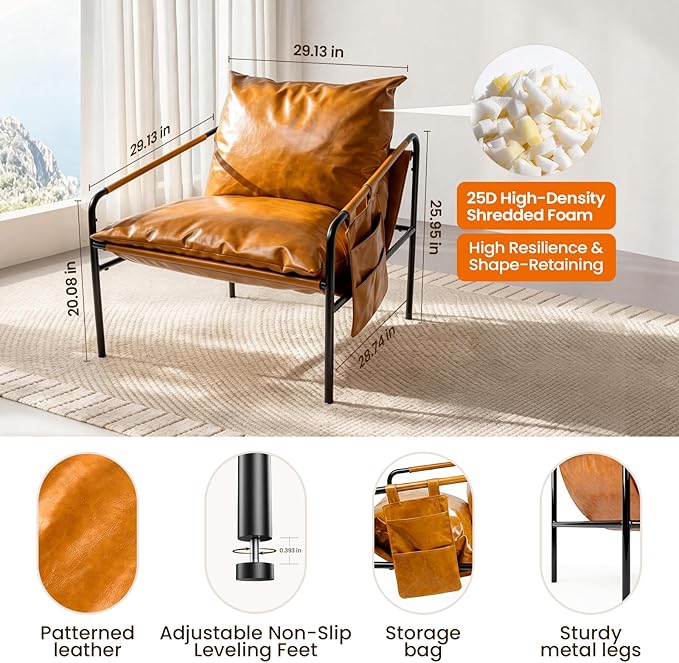 Modern Bright Orange Oversized Faux Leather Recliner Armchair, Comfy Accent Chair with Sturdy Metal Frame Armrest Bag, Indoor Outdoor Couch Sofa Chair for Living Room Bedroom Patio Lounge