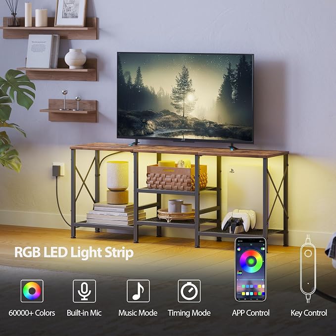 JARHETUN TV Stand with LED Lights for 55 Inch TV, Entertainment Center with 3-Tier Open Shelves, TV Console Table for Living Room, Bedroom, Rustic Brown - Image 4