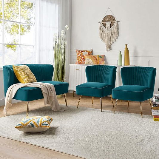 HULALA Home 3 Piece Velvet Living Room Furniture Set, Modern Comfy Upholstered Chair Set with Golden Legs, Include Loveseat & 2 Accent Chairs for Bedroom, Teal Tufted 2-Seater Sofa & Armless Chairs