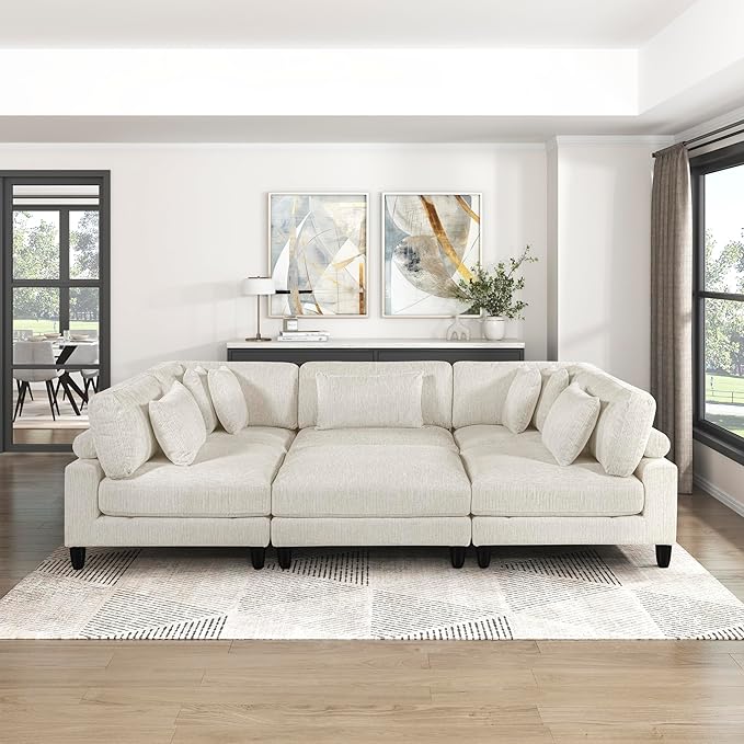 Lexicon 120 Inch Modular Sectional Sofa - Oversized 6 Seater Microfiber L Shaped Sectional Couch with Ottoman, 7 Accent Pillows, and Flexible Arrangement for Modern Living Rooms, Beige
