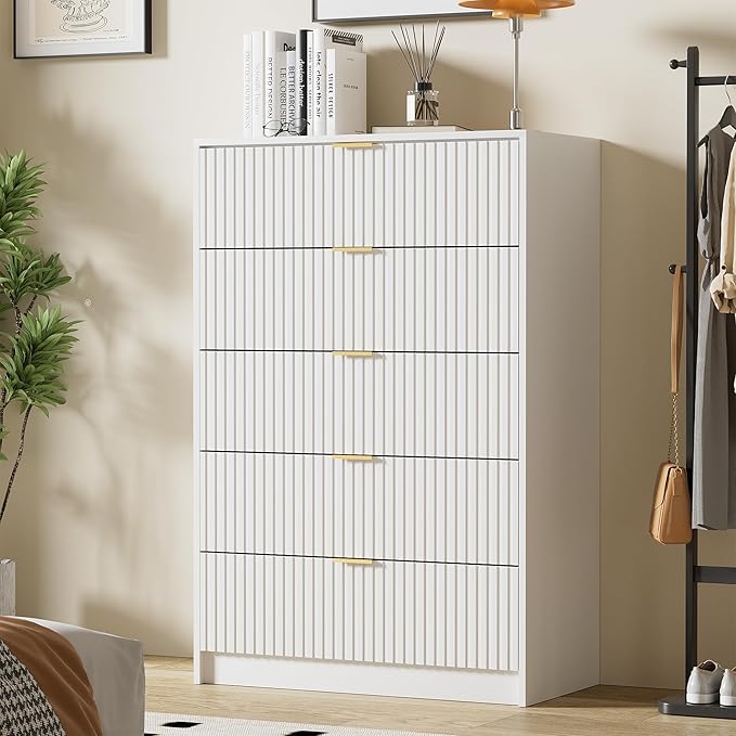 Furniway White Dresser Bedroom Set 3 Pieces, Nightstands Sets of 2, 5 Drawer Dresser with Gold Handles for Bedroom