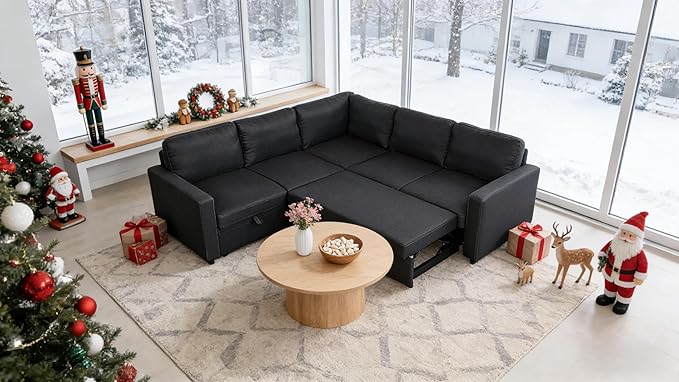 Sectional Sleeper Sofa with Pull Out Bed, L Shaped Pull Out Couch with Storage Chaise, 5 Seats Convertible Couch Bed for Apartment, Living Room, Dark Gray
