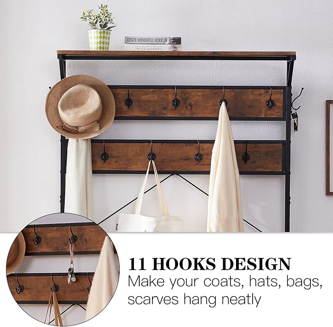 3-in-1 Entryway Coat Rack,Vintage Industrial Hall Tree 72 Inch with Storage Bench and Coat Racks Entryway Storage Shelf Organizer with 9 Hooks， Large Size, Wood Look Accent Furniture with Metal Frame - Image 4