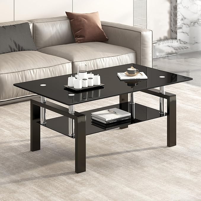 Tempered Glass Coffee Table with Metal Legs Modern Small Coffee Tables for Living Room (Black)