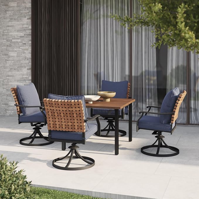 Grand patio 5-Piece Outdoor Dining Set, 4 Leather-Look Wicker Swivel Blue Patio Chairs & 1 Square Woodgrain Dining Table, Brown - Image 2