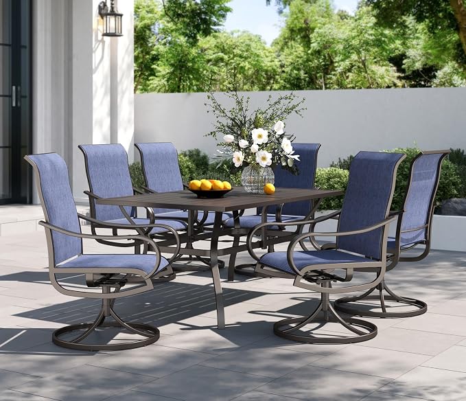 PHI VILLA 7 Piece Outdoor Patio Dining Set, Large Metal Table (1.57'' Umbrella Hole) and 6 Swivel Dining Chairs with Textilene Mesh Fabric, All Weather Patio Furniture Set for Deck Lawn Garden (Blue) by PHIVILLA