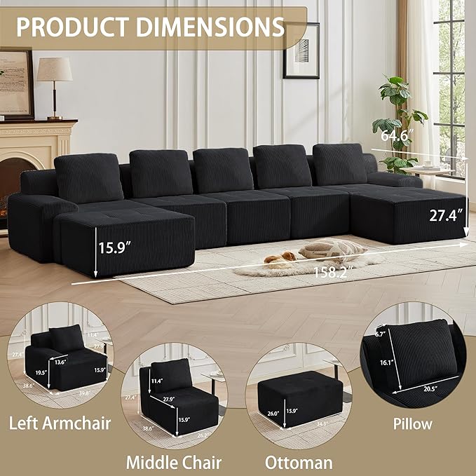 Modular Sectional Sofa with Movable Ottoman, 5 Seat Deep Seat Couch with 5 Pillows, Comfy Cloud Sectional Sofa for Living Room, Bedroom and Apartment (Black, 1 Left+1 Right+3 Middle+2 Ottoman)