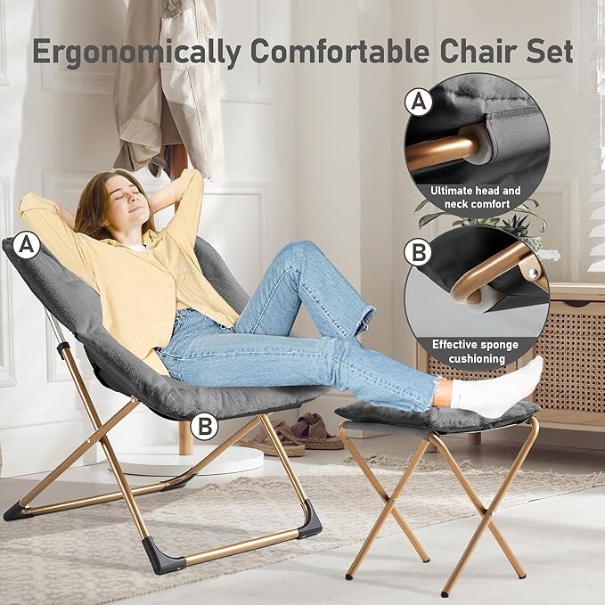 Youtanic Comfy Oversized Saucer Chair with Ottoman,Soft Faux Fur Reading Lounge Chair for Adults,Stable X-Large Metal Frame and Non-Slip Pad,Cozy Chair for Bedroom, Living Room, Dorm, Dark Gray