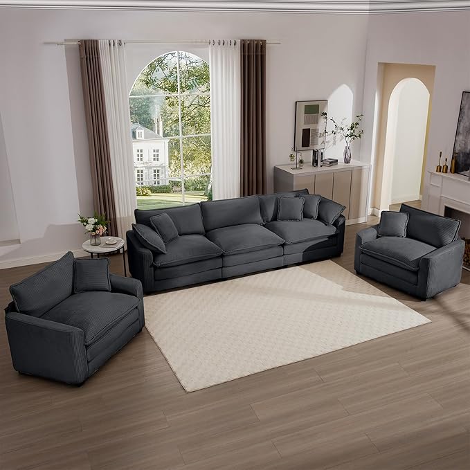 KEIKI 3-Piece Sofa Set with 1 Oversized Corduroy 3-Seater Sofa & 2 Single Sofa, Upholstered 5-Seater Couch Set with 7 Pillow, High-Density Foam Cushions, Removable Armrests, for Living Room, Grey