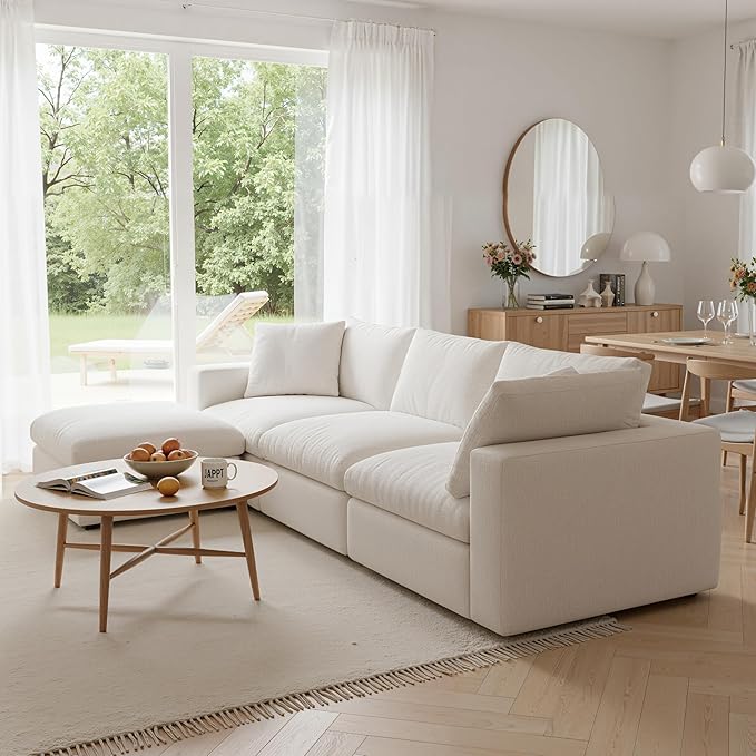 Acanva Modular L-Shaped Sectional Cloud Couch, Free Combination Minimalist Sofa with Shredded Latex Filled Cushion and Removable Slipcovers for Living Room, Home Office, 3 Seater + Ottoman