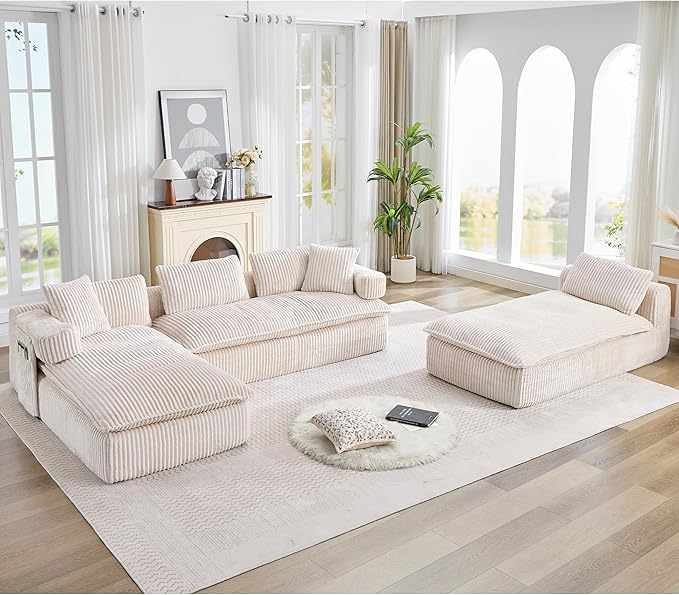149" Oversized U Shaped Cloud Modular Sectional Sofa Boneless Couch with Double Chaise,Free Combination Convertible Floor Sofa Bed with Storage Pockets and Pillows | No Assembly