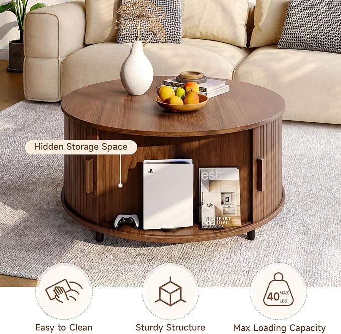 ONBRILL Round Coffee Table with Storage, 31.5" Modern Coffee Table with 360° Curved Sliding Door, Fluted Wood Accent Coffee Table with Adjustable Footpads, Round Center Table for Living Room, Walnut