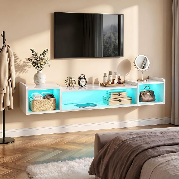 55.1"W Floating TV Stand with LED Lights & Power Outlets for 50 55 60 65 Inch TV Wall Mounted Entertainment Center with Storage for Living Room Wood Media Console Shelf White TV Shelf Wood for Bedroom - Image 6