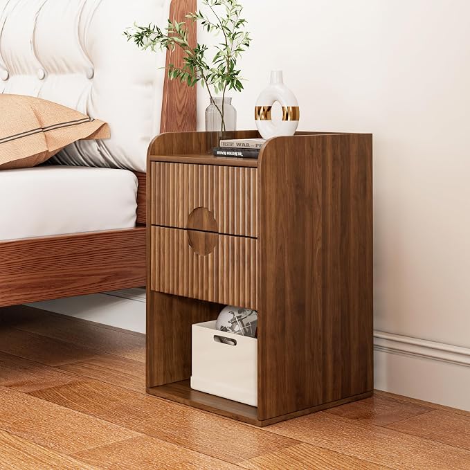 Fluted Nightstand Set of 2, Small Night Stand Table with Drawer, Wood Side Table with Storage, Boho Mid Century Modern Vintage Bedside Table, Walnut End Table for Bedroom - Image 5