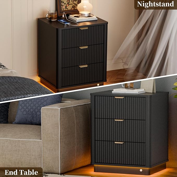 Led Fluted Nightstand, Smart Curved Night Stand with Charging Station Lighting, Wood End Table with 3 Drawers, Modern Side Table Storage Cabinet for Bedroom Office,(1, Black) - Image 7
