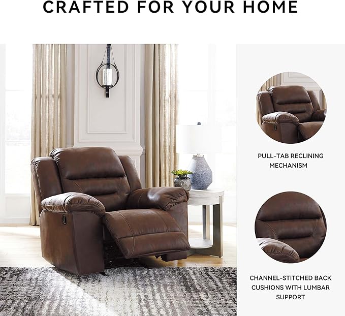 Signature Design by Ashley Stoneland Faux Leather Manual Pull Tab Rocker Recliner, Dark Brown