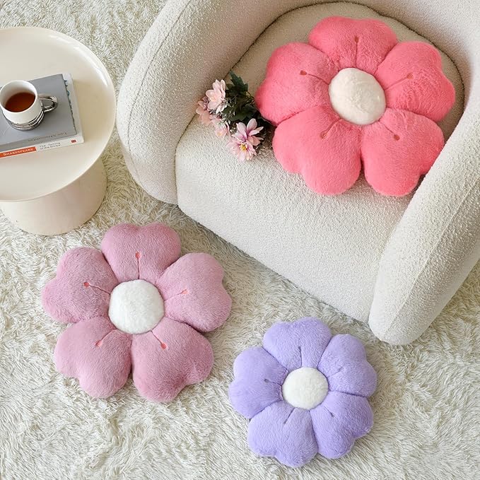 Flower Shaped Pillow, Cute Decorative Throw Pillow with Soft Artificial Rabbit Fur for Couch Bed Chair Floor, Flower Pillows Seating Cushions with Room D??cor for Bedroom Living Room (14.9" Lavender)