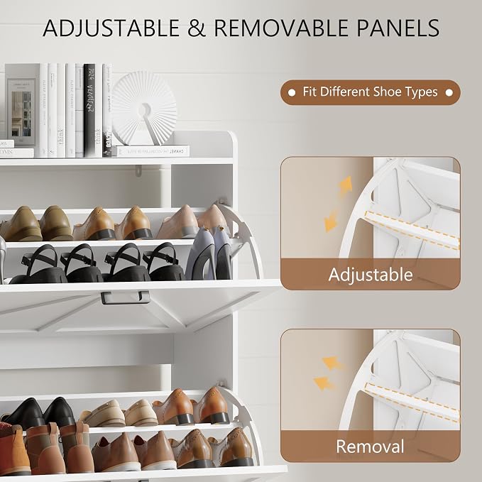 Shoe Cabinet with 3 Flip Drawers, Freestanding Hidden Shoe Storage Organizer for Entryway, Narrow Slim Shoe Rack Cabinet with Open Storage & Hooks for Front Door Entrance, Living Room, Hallway, White - Image 4