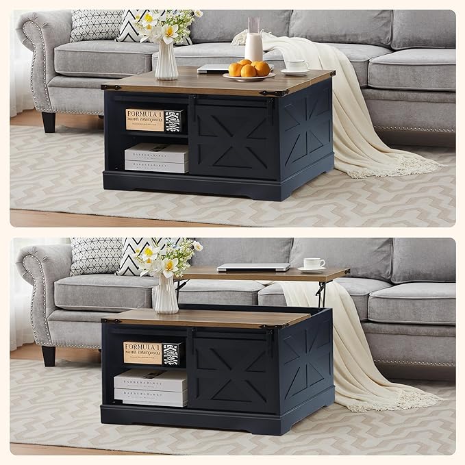 Farmhouse Lift Top Coffee Table, Wood Square Coffee Table with Sliding Barn Door and Adjustable Shelf Rustic Center Table with Hidden Storage Compartment for Living Room, Black
