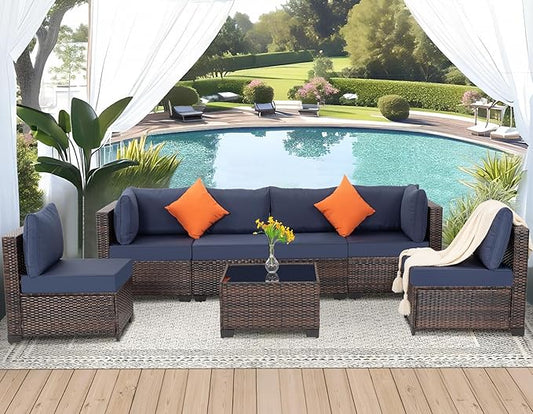 FHFO 7 Piece Outdoor Wicker Patio Furniture Set, Rattan Sectional Sofa Couch, Patio Conversation Set with Cushion & Coffee Table, for Backyard Poolside Porch Garden, Brown-Blue