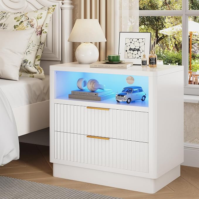 ELYKEN White Fluted Nightstand Set of 2, 24" Wide Night Stand with Charging Station & LED Light, Wooden Bedside Table with 2 Drawer & USB for Bedroom Living Room - Image 2