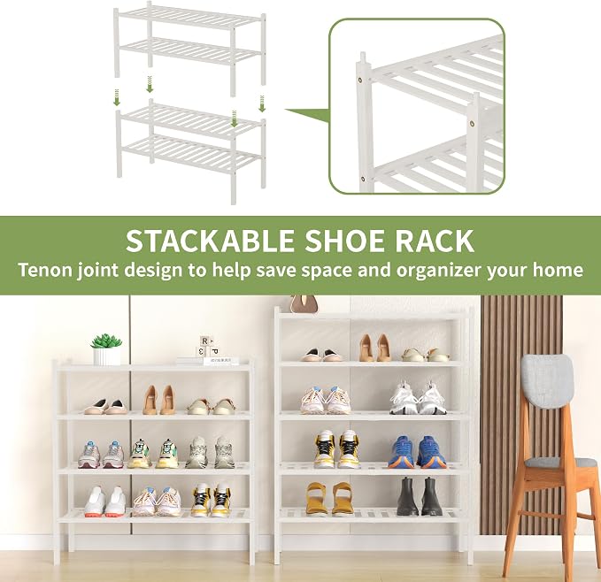 ROMGUAR CRAFT 5 Tier Bamboo Shoe Rack for Closet Free Standing Wood Shoe Shelf for Entryway Small Space Stackable 27"x11"x33" (White) - Image 4