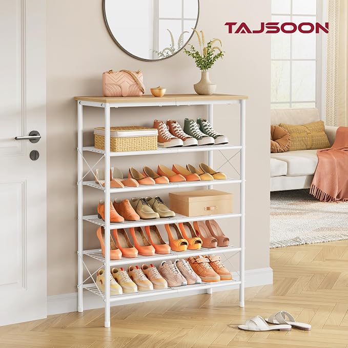 Tajsoon 6 Tier Shoe Rack Organizer for 20-24 Pairs of Shoes, Metal Mesh Shoe Shelf for Closet, Industrial Shoe Rack for Entryway Shoe Storage with X Shape Fixed Frame, White & Log - Image 2