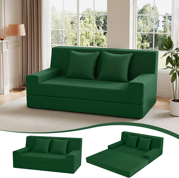 MeMoreCool Corduroy Loveseat Sleeper Sofa – Green Boneless Fold-Out Couch Bed with Foam Core, Convertible Floor Futon with Pillow & Washable Cover for Small Spaces, Bedroom, Guest Room
