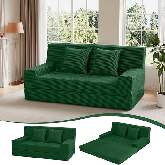 MeMoreCool Corduroy Loveseat Sleeper Sofa – Green Boneless Fold-Out Couch Bed with Foam Core, Convertible Floor Futon with Pillow & Washable Cover for Small Spaces, Bedroom, Guest Room