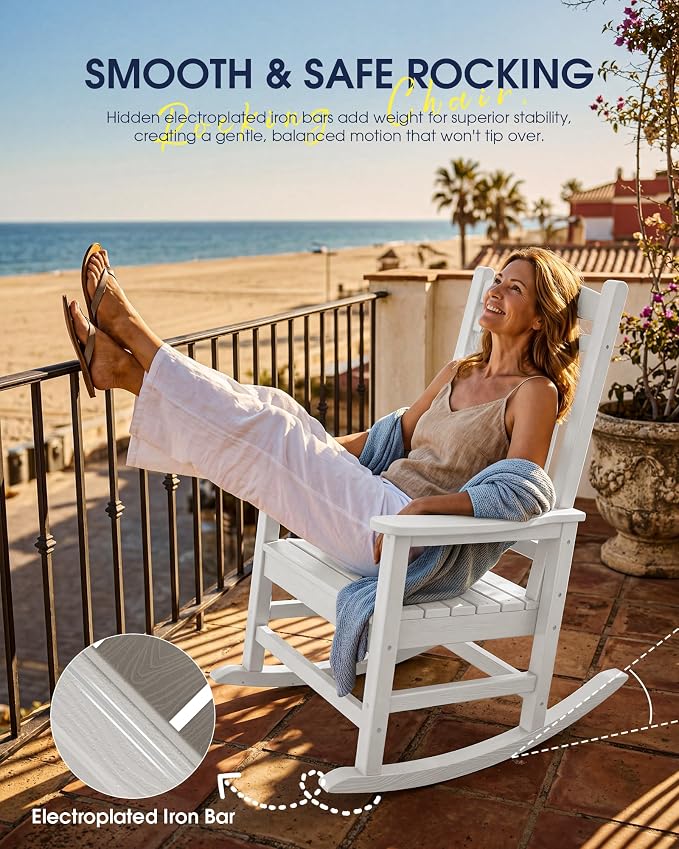 KINGYES Oversized HDPE Patio Rocking Chair Set, Outdoor Rocking Chairs Porch Rocker for Adults, White - Image 9