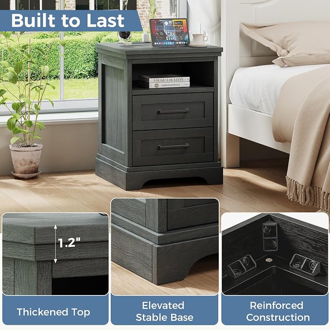 DUMOS Nightstand with Charging Station, Wood Farmhouse Bedside Table with 2 Drawers and Open Shelf, Wood End Table, Modern Side Table for Bedroom, Black - Image 6