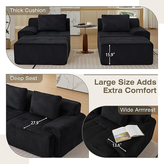 Boneless Couches for Living Room, Corduroy Couch, Modular Sectional Sofa, Big Comfy Couch, Modular Cloud Sofa with Deep Seat, Sofa Bed (Black, 4 Pieces-Bedshape)