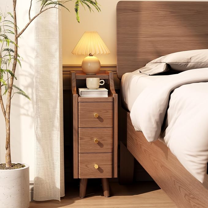Solid Wood Narrow Nightstand with Drawers,Walnut Nightstand Wood Bedside Table Modern for Bedroom,Study,Toilet by AQIMUELE