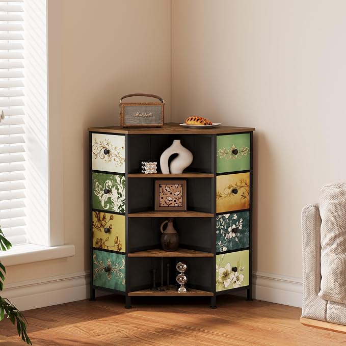 LUMTOK 8 Drawers Corner Dresser with Storage Fabric Drawers and Open Shelves for Small Space，Bedroom，Entryway，Living Room (Retro Pattern) - Image 7