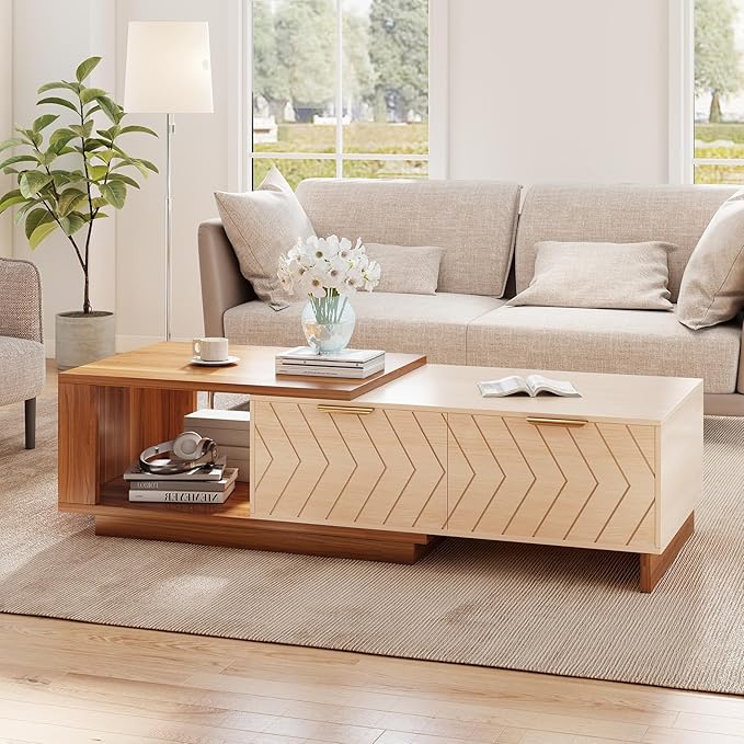 42"- 65" Extendable Coffee Table with Storage, Reversible Wood Coffee Table with 2 Drawers, Two-Tone Large Adjustable Center Table for Living Room, Office (Walnut A)