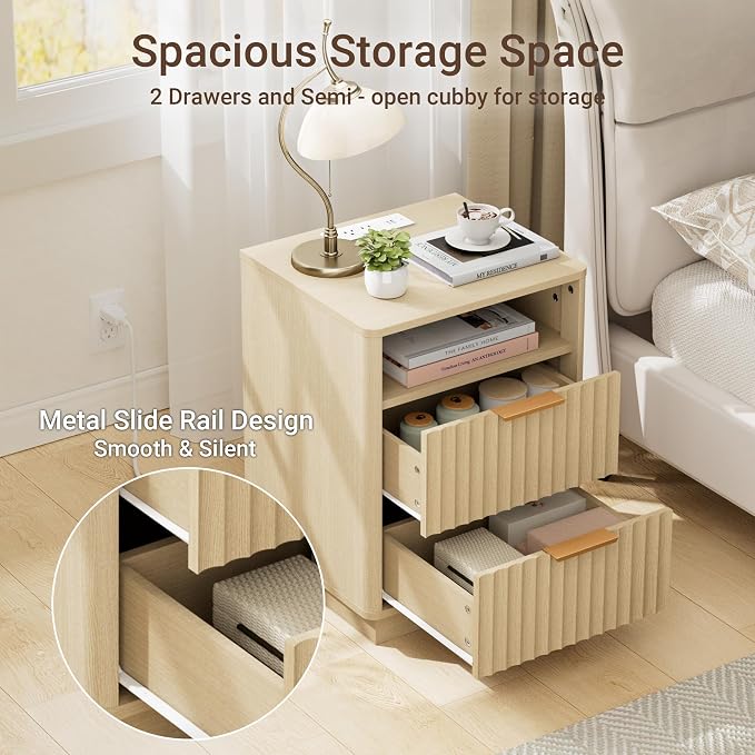 Fluted Nightstand, Modern Night Stand, 2 Drawers Nightstand with Charging Station, Wooden End Table w/Storage, Bedside Table for Bedroom Sofa Home Office, Curved Corners Design, Natural Oak - Image 6