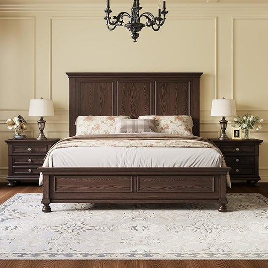 AMERLIFE Solid Wood 3 Piece Bedroom Set Including 65.2" High King Bed Frame, Fully Assembled Nightstands Set of 2 with 2 Storage Drawers for Bedroom, Dark Brown