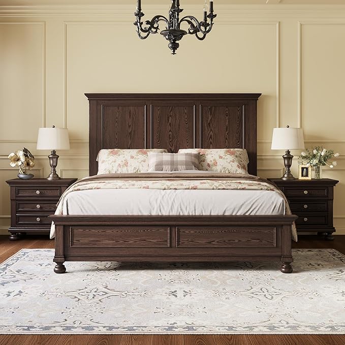 AMERLIFE Solid Wood 3 Piece Bedroom Set Including 65.2" High Queen Bed Frame, Fully Assembled Nightstands Set of 2 with 2 Storage Drawers for Bedroom, Dark Brown
