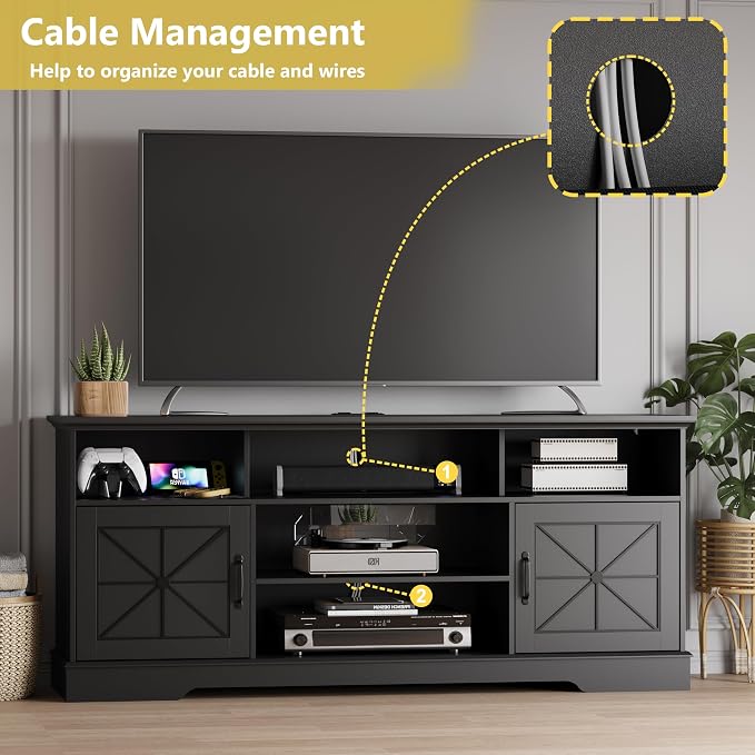 Xixini Farmhouse TV Stand for 65/60/55 Inch Tvs, Rustic Entertainment Center with LED Lights and Power Outlets, Modern Media Console Table, Wood Television Furniture for Living Room, Bedroom, Black - Image 4